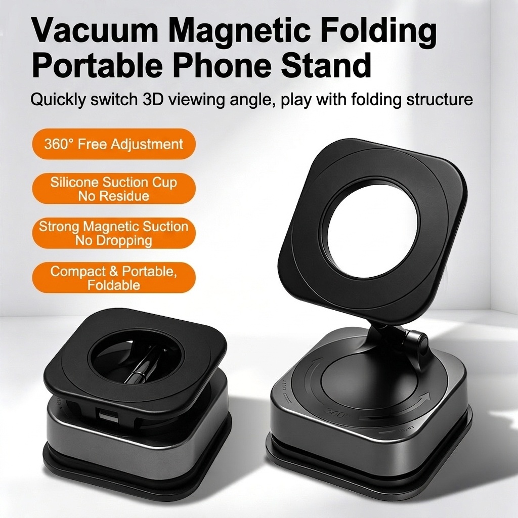 Foldable Magnetic Phone Stand, 360° Rotation Car & Desk Mount with Strong Suction, Black