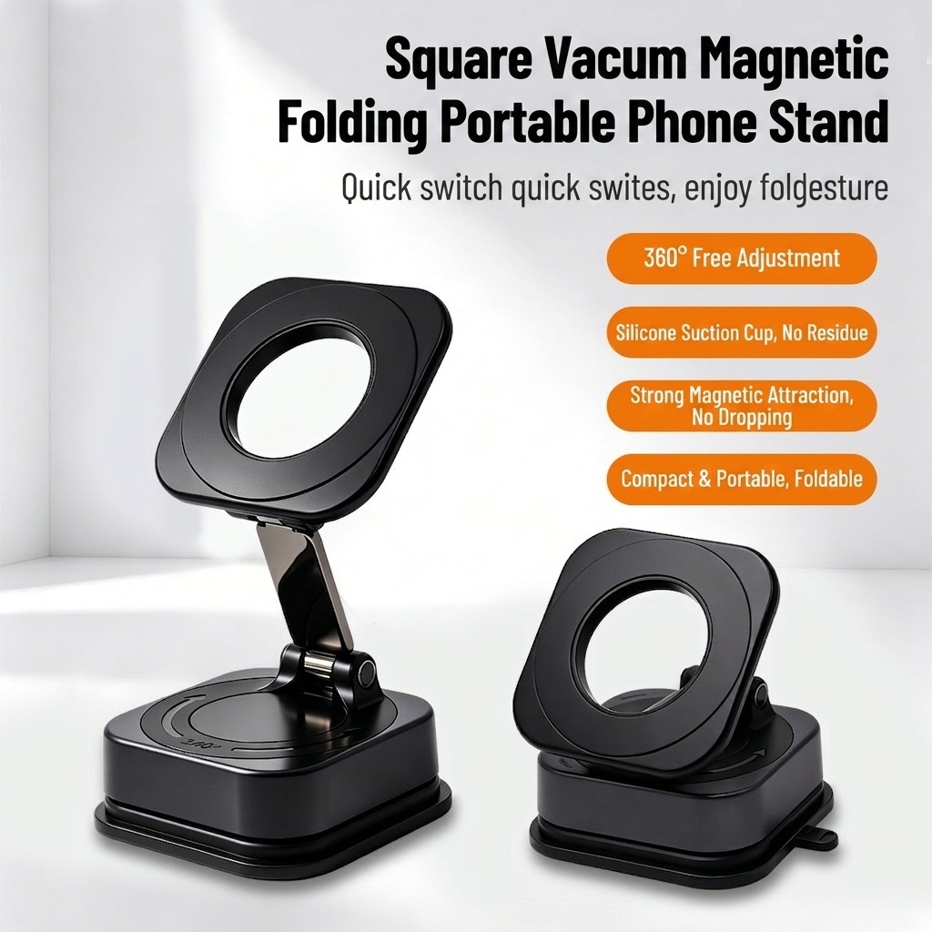 Foldable Magnetic Phone Stand, 360° Rotation Car & Desk Mount with Strong Suction, Black
