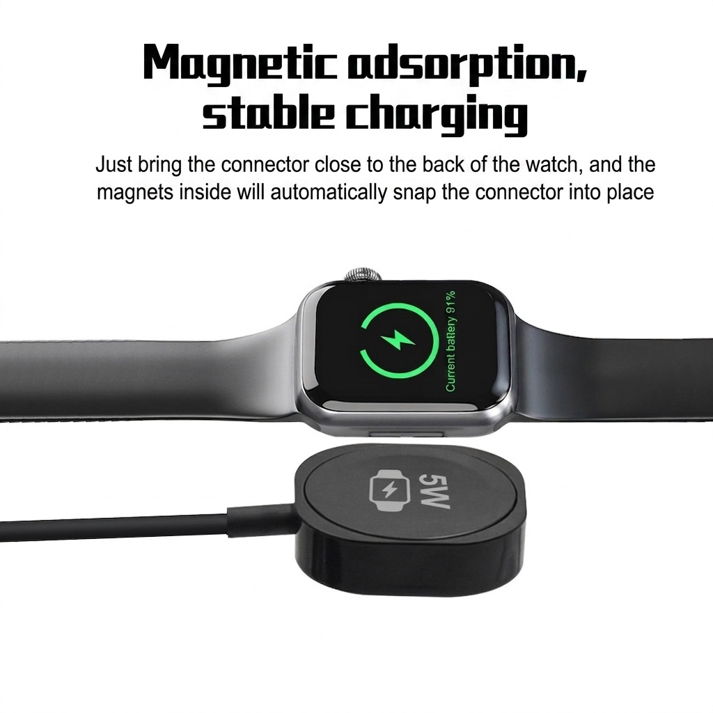 5W Magnetic Smartwatch Wireless Charger, Dual USB-A/C Connectors, Portable PC Charging Pad, White