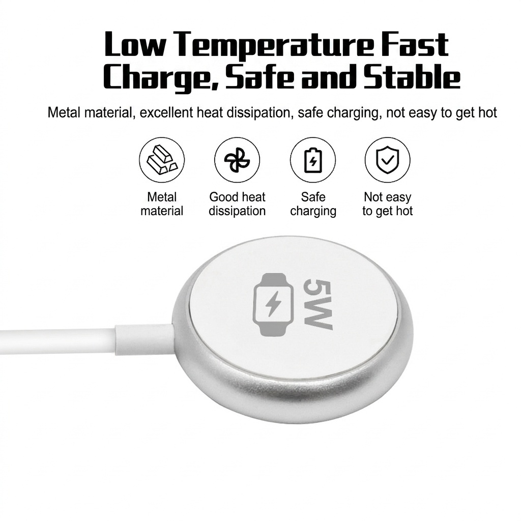 5W Magnetic Smartwatch Wireless Charger, Dual USB-A/C Connectors, Portable PC Charging Pad, White