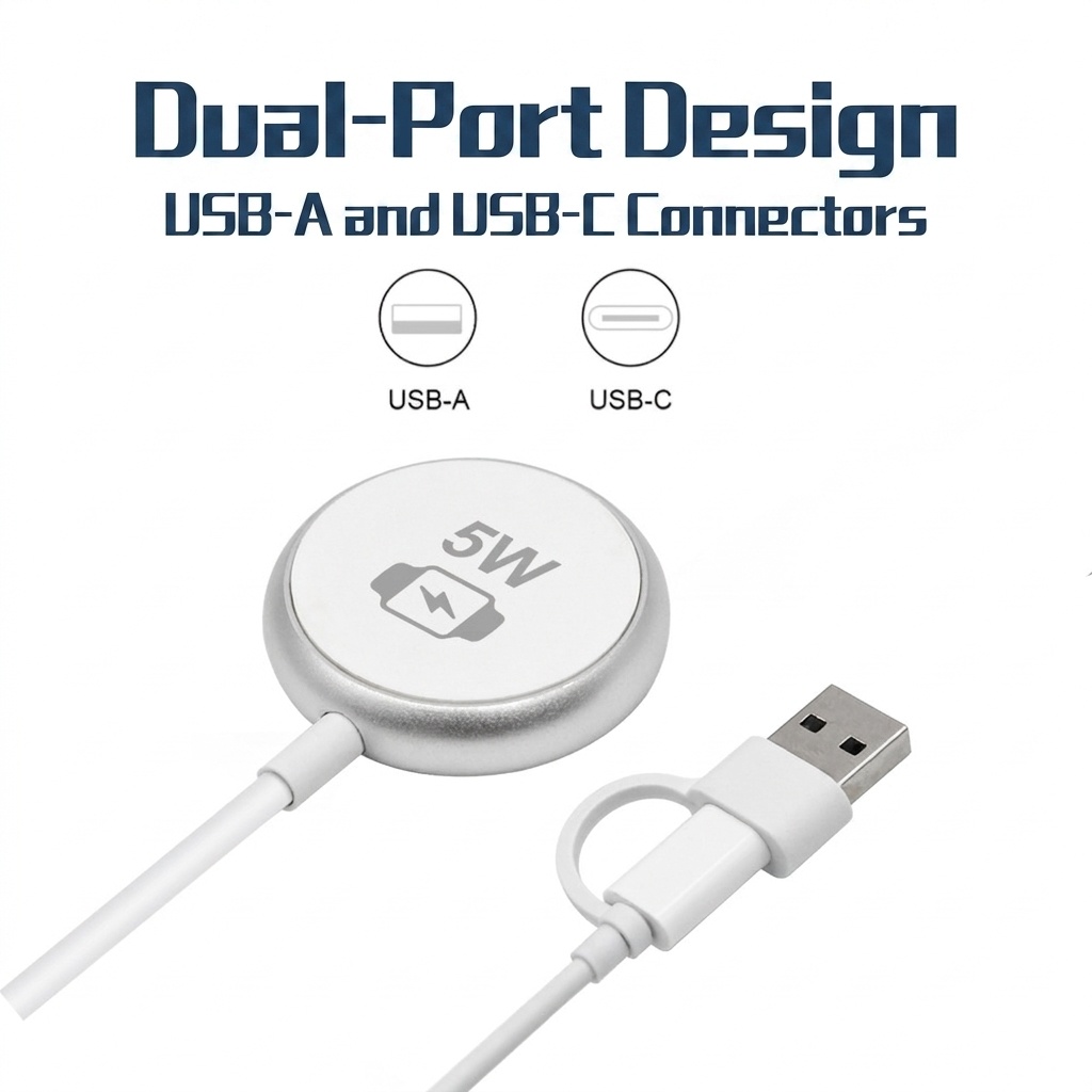 5W Magnetic Smartwatch Wireless Charger, Dual USB-A/C Connectors, Portable PC Charging Pad, White