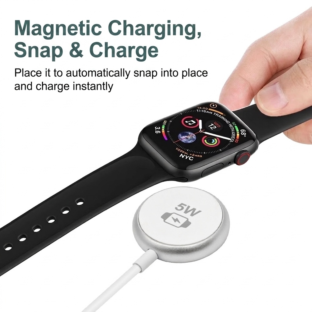 5W Magnetic Smartwatch Wireless Charger, Dual USB-A/C Connectors, Portable PC Charging Pad, White