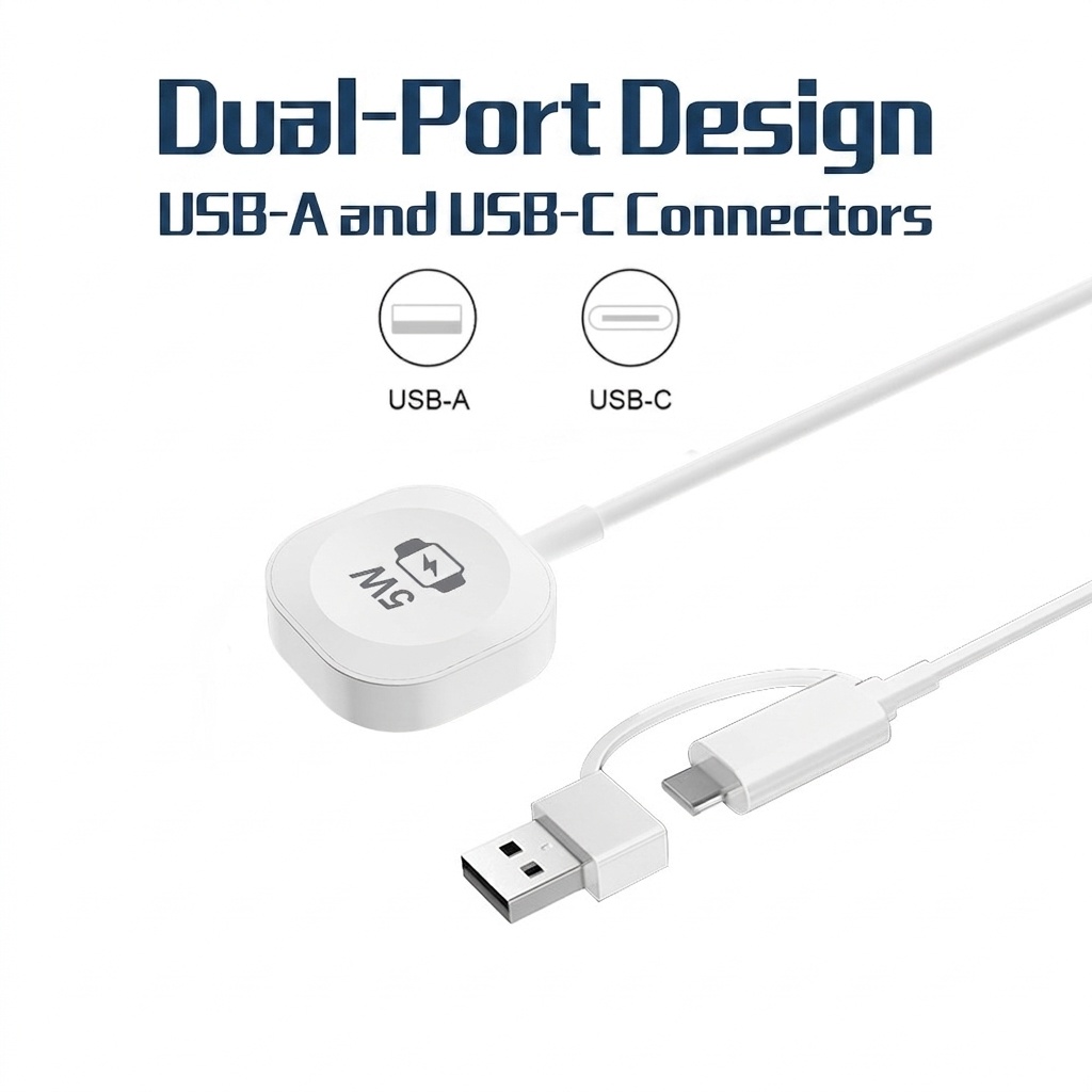 5W Magnetic Smartwatch Wireless Charger, Dual USB-A/C Connectors, Portable PC Charging Pad, White