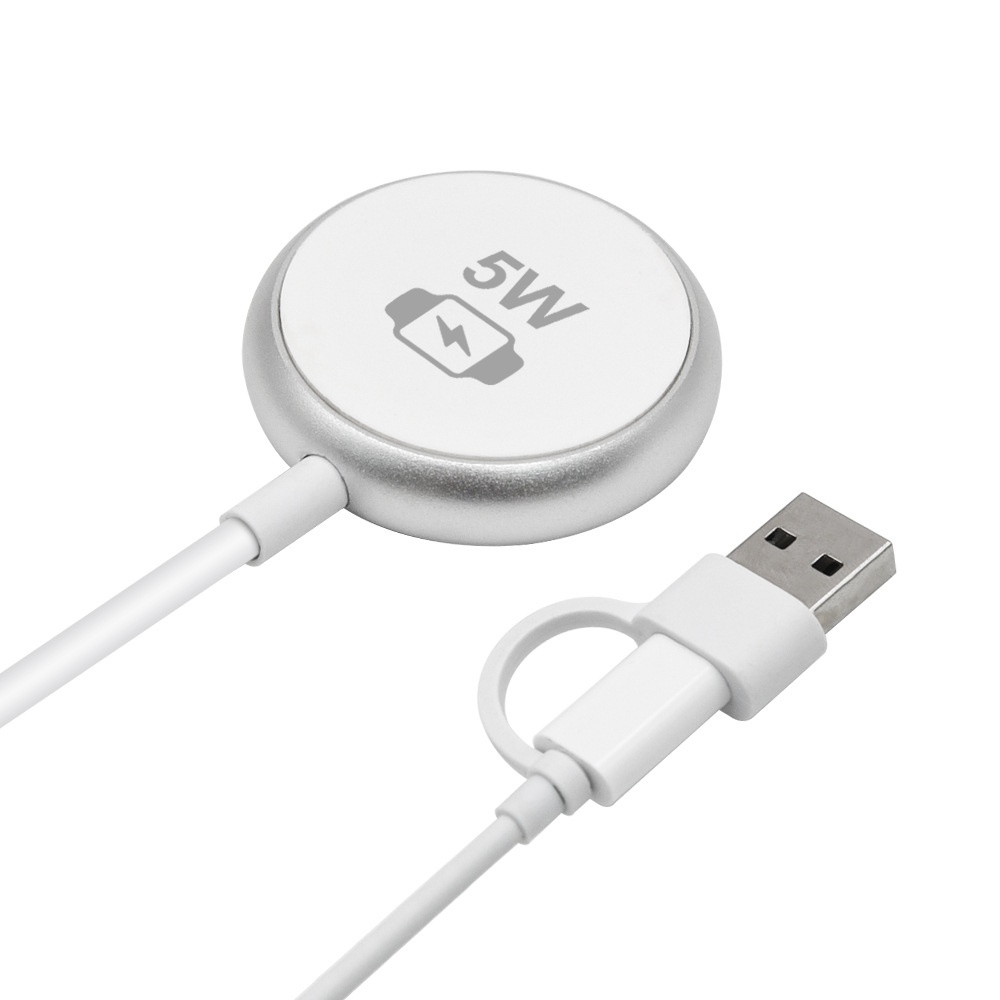 5W Magnetic Smartwatch Wireless Charger, Dual USB-A/C Connectors, Portable PC Charging Pad, White