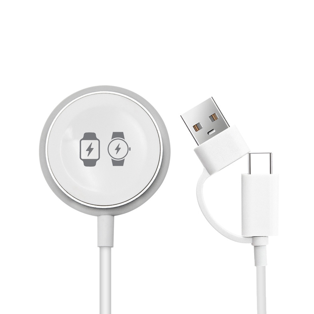 5W Magnetic Smartwatch Wireless Charger, Dual USB-A/C Connectors, Portable PC Charging Pad, White