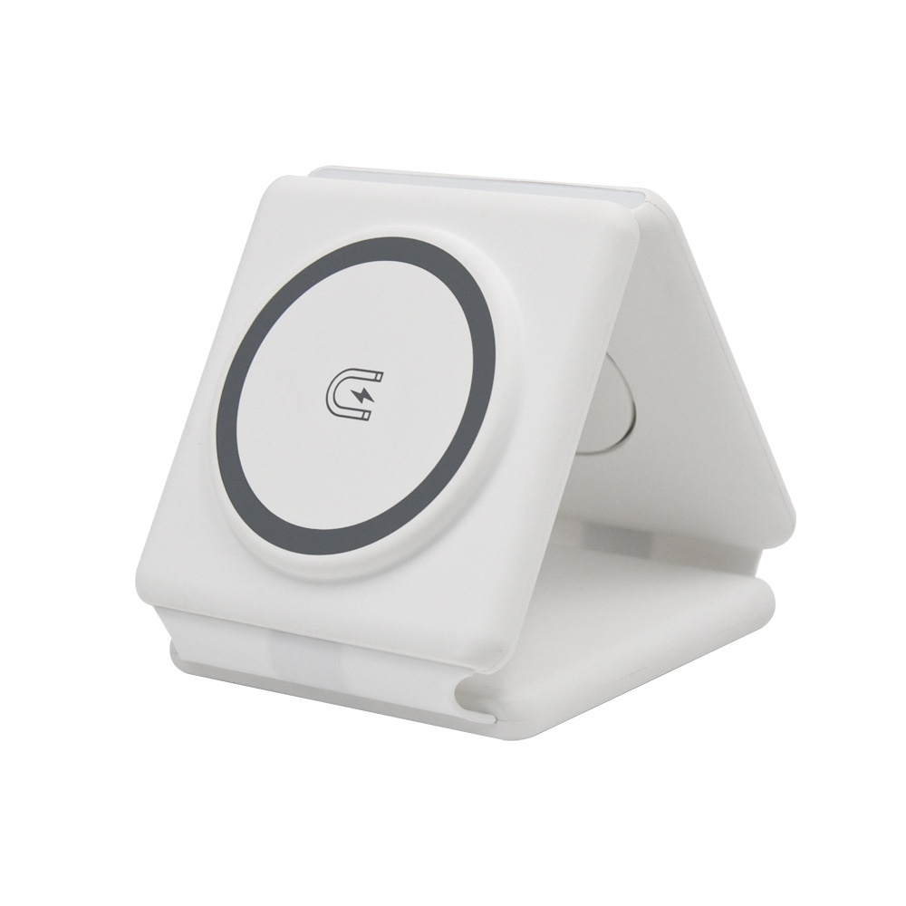 3-in-1 Foldable Wireless Charger for Phone, Watch & Earbuds, Portable Fast Charging Stand, White/Black