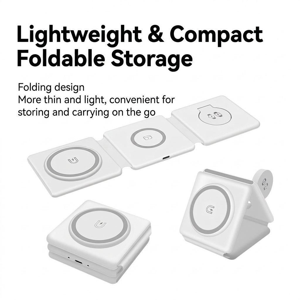 3-in-1 Foldable Wireless Charger for Phone, Watch & Earbuds, Portable Fast Charging Stand, White/Black