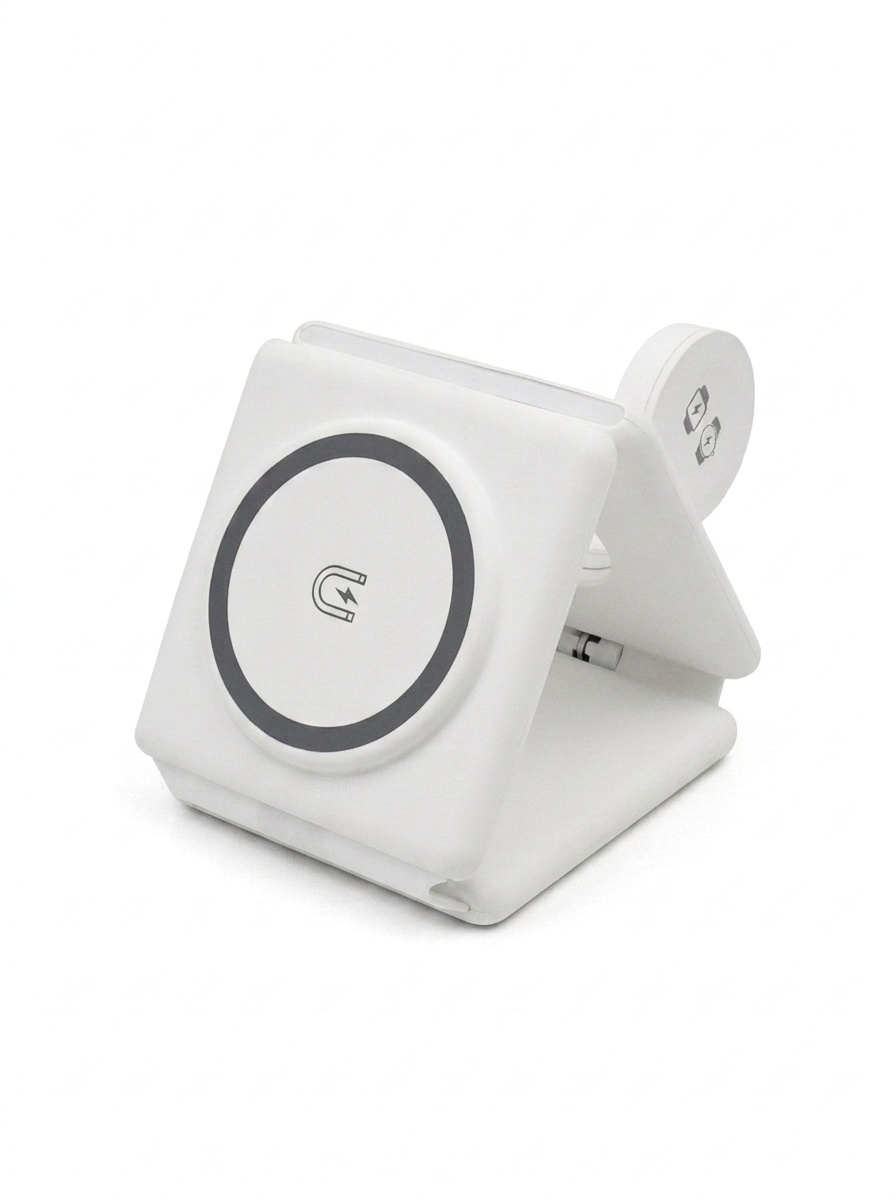 3-in-1 Foldable Wireless Charger for Phone, Watch & Earbuds, Portable Fast Charging Stand, White/Black