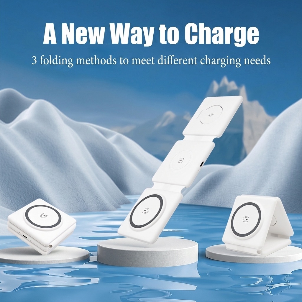 3-in-1 Foldable Wireless Charger for Phone, Watch & Earbuds, Portable Fast Charging Stand, White/Black