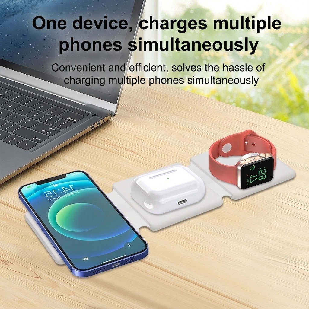 3-in-1 Foldable Wireless Charger for Phone, Watch & Earbuds, Portable Fast Charging Stand, White/Black