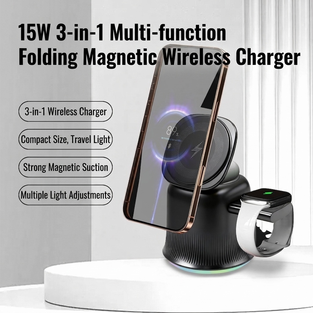 3-in-1 Foldable Magnetic Wireless Charger with RGB Light, 15W Fast Charging Station for iPhone, Watch & AirPods, White/Black