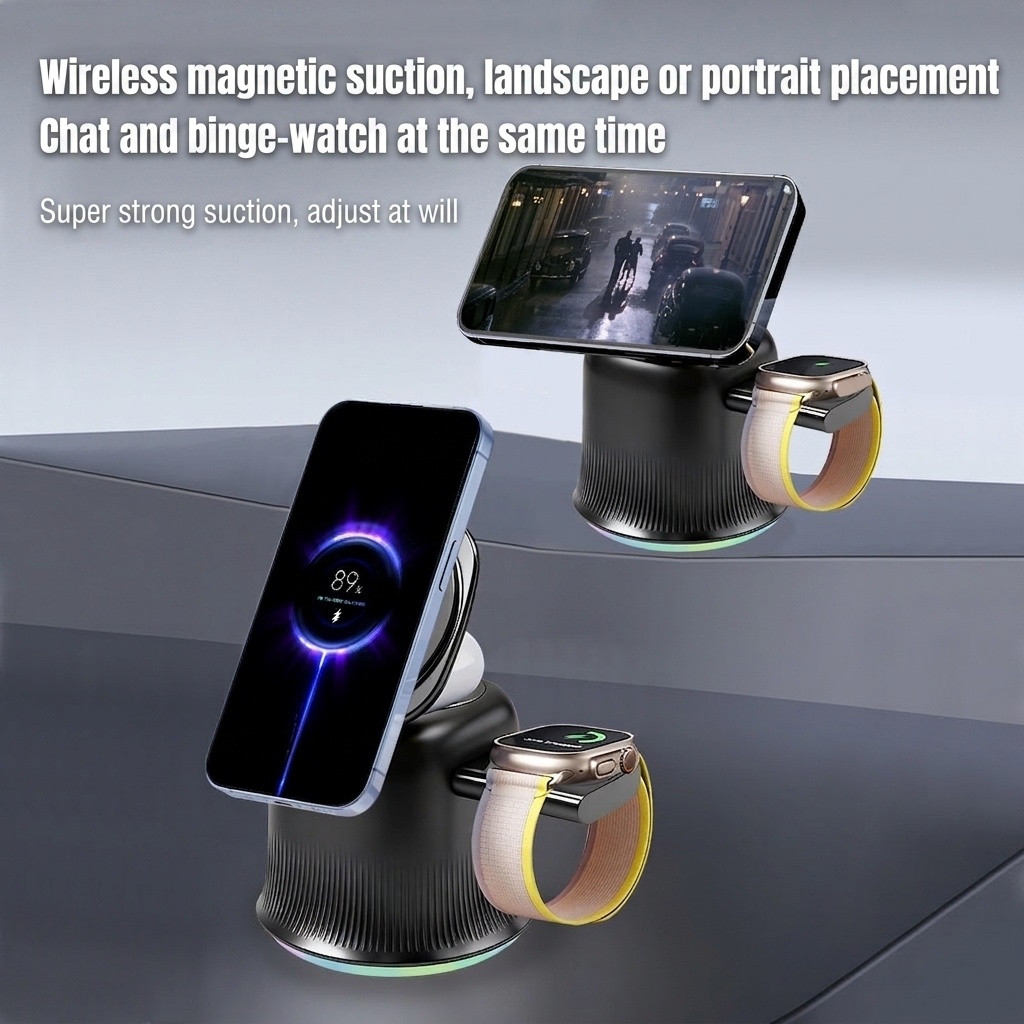 3-in-1 Foldable Magnetic Wireless Charger with RGB Light, 15W Fast Charging Station for iPhone, Watch & AirPods, White/Black