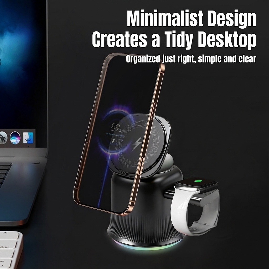 3-in-1 Foldable Magnetic Wireless Charger with RGB Light, 15W Fast Charging Station for iPhone, Watch & AirPods, White/Black