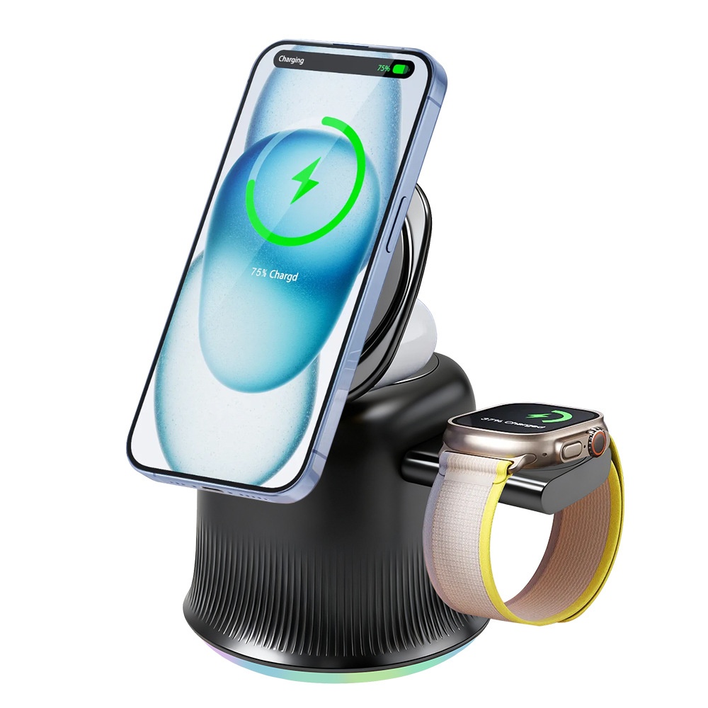 3-in-1 Foldable Magnetic Wireless Charger with RGB Light, 15W Fast Charging Station for iPhone, Watch & AirPods, White/Black