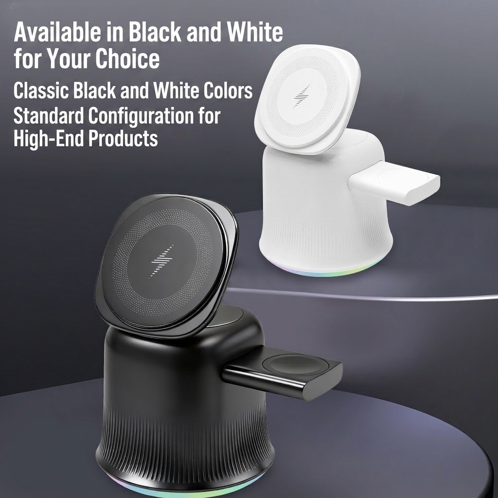 3-in-1 Foldable Magnetic Wireless Charger with RGB Light, 15W Fast Charging Station for iPhone, Watch & AirPods, White/Black