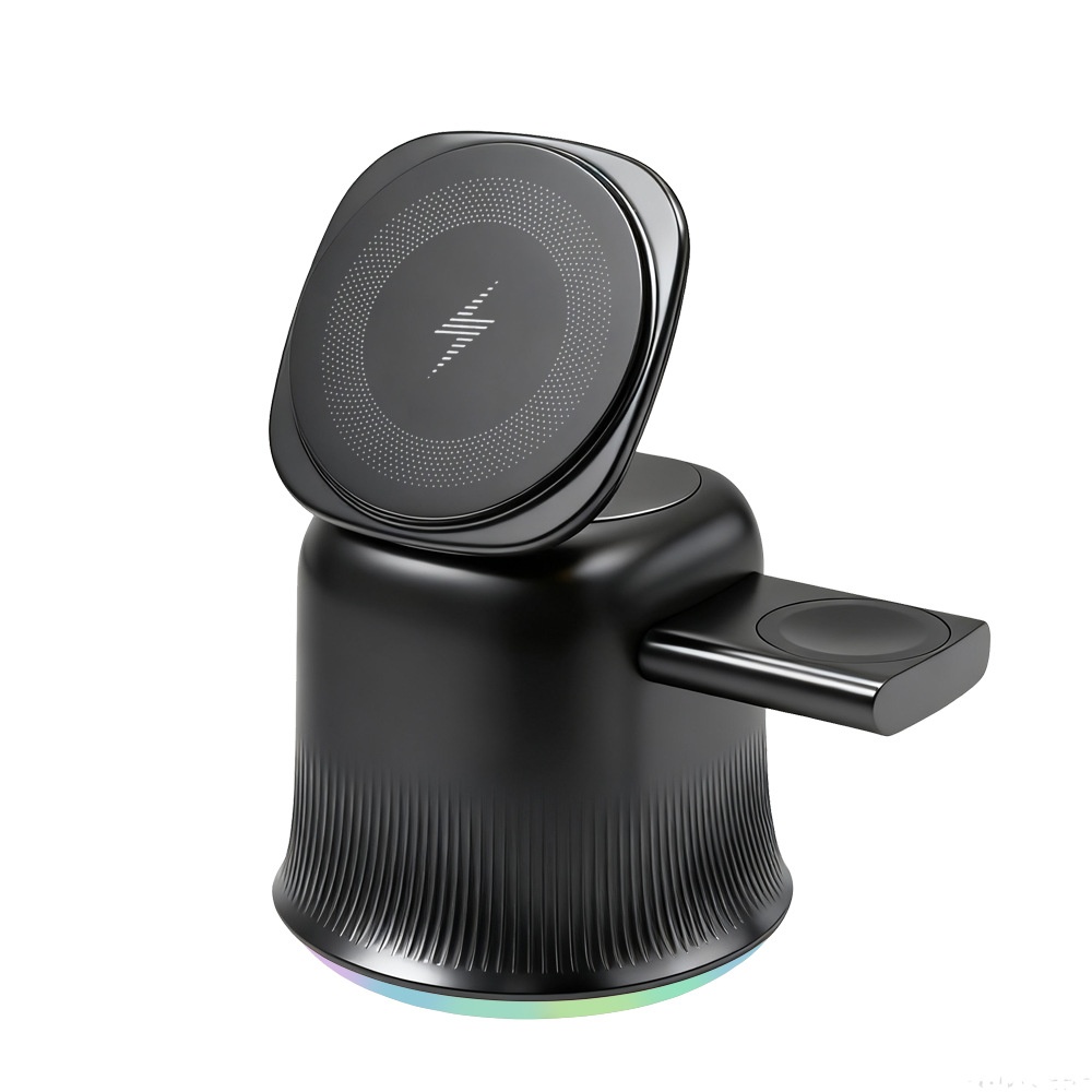 3-in-1 Foldable Magnetic Wireless Charger with RGB Light, 15W Fast Charging Station for iPhone, Watch & AirPods, White/Black