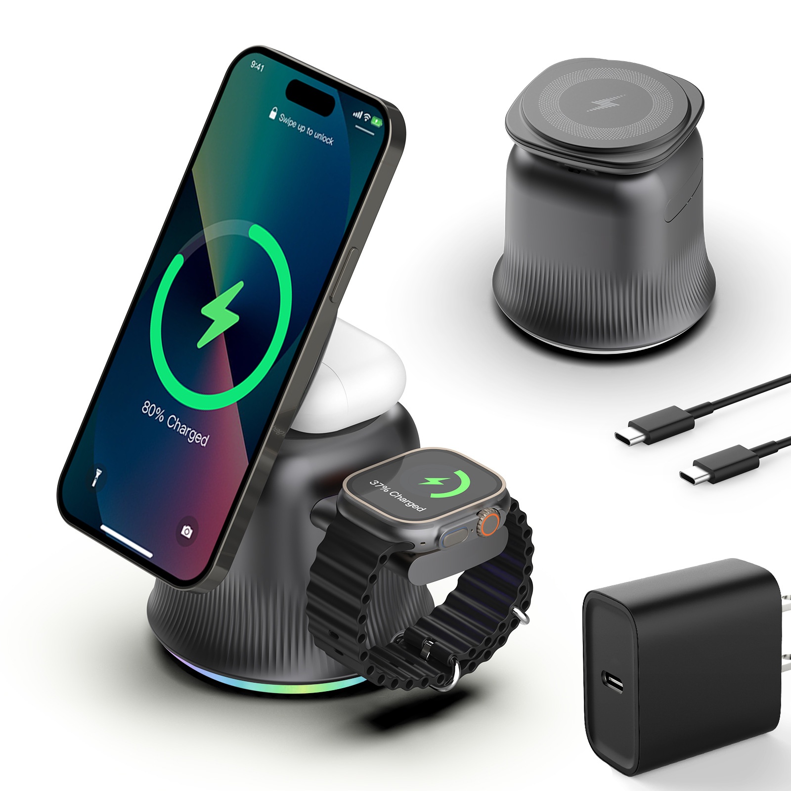 3-in-1 Foldable Magnetic Wireless Charger with RGB Light, 15W Fast Charging Station for iPhone, Watch & AirPods, White/Black
