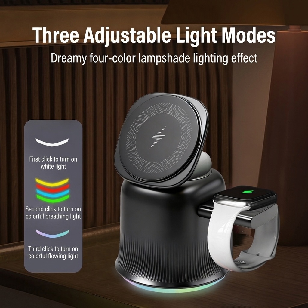 3-in-1 Foldable Magnetic Wireless Charger with RGB Light, 15W Fast Charging Station for iPhone, Watch & AirPods, White/Black