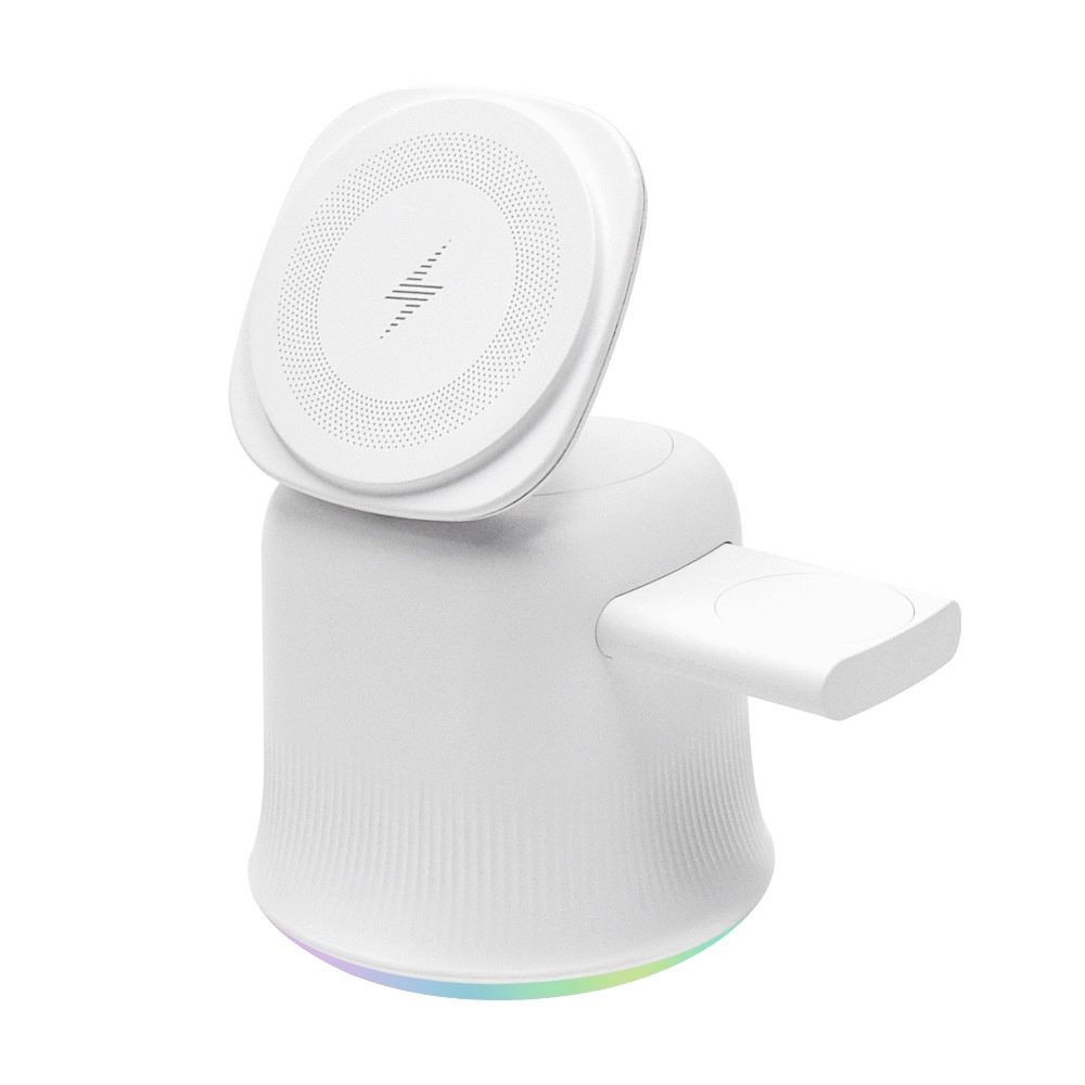 3-in-1 Foldable Magnetic Wireless Charger with RGB Light, 15W Fast Charging Station for iPhone, Watch & AirPods, White/Black