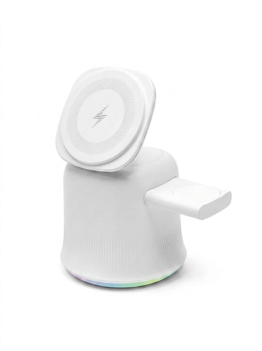 3-in-1 Foldable Magnetic Wireless Charger with RGB Light, 15W Fast Charging Station for iPhone, Watch & AirPods, White/Black
