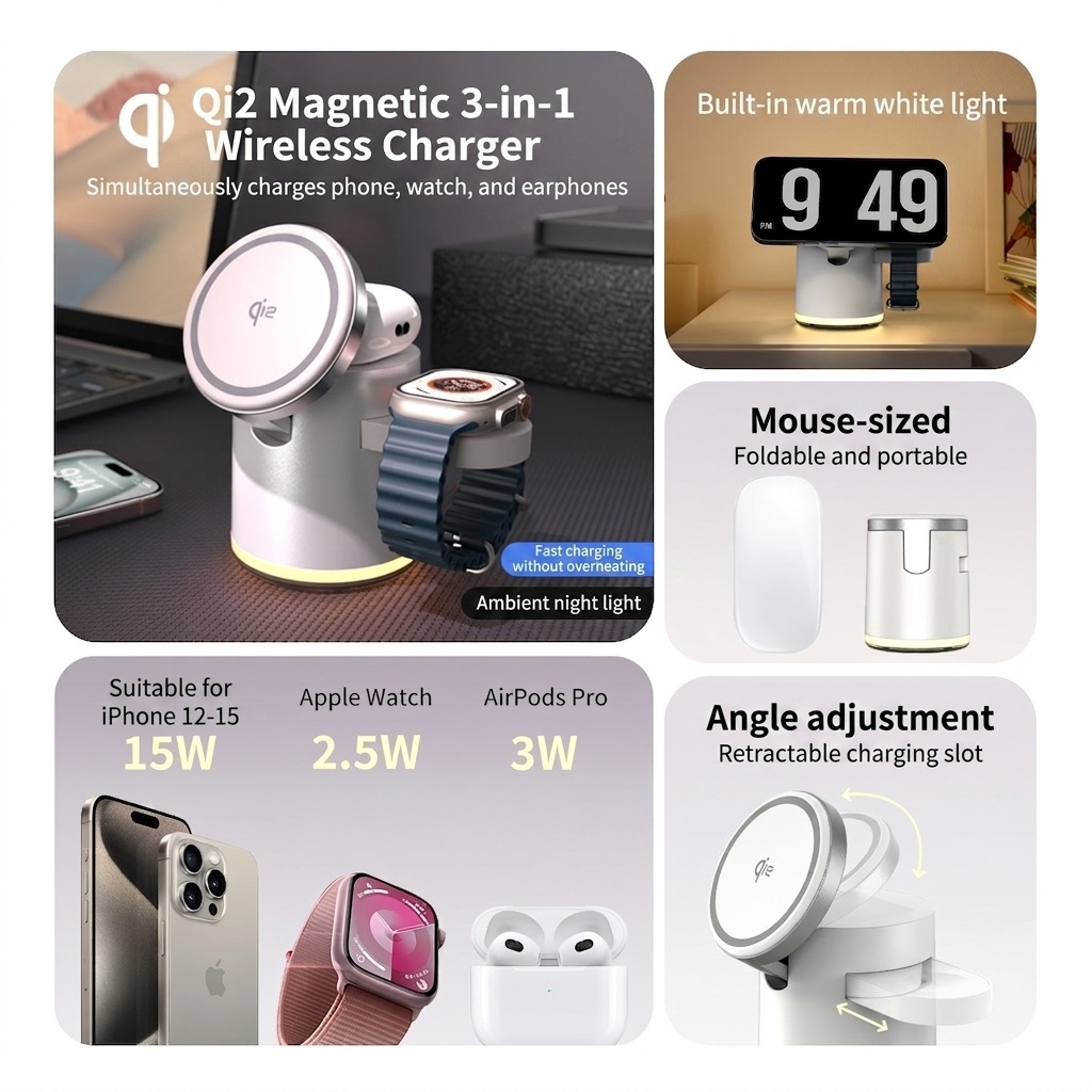 3-in-1 Foldable Magnetic Wireless Charger with RGB Light, 15W Fast Charging Station for iPhone, Watch & AirPods, White/Black