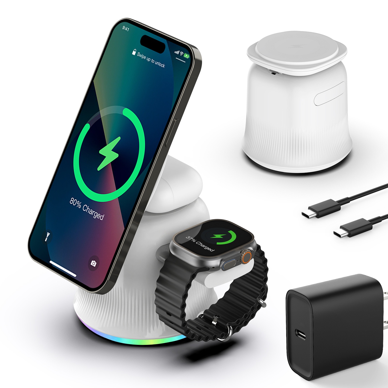 3-in-1 Foldable Magnetic Wireless Charger with RGB Light, 15W Fast Charging Station for iPhone, Watch & AirPods, White/Black