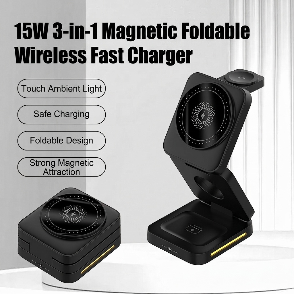 15W 3-in-1 Foldable Magnetic Wireless Charger Stand for Phone, Watch & Earbuds, Compact Fast Charging Station, White/Black