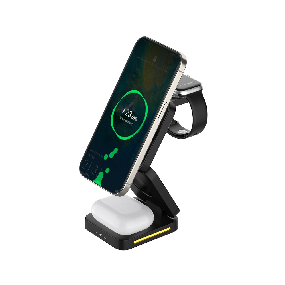 15W 3-in-1 Foldable Magnetic Wireless Charger Stand for Phone, Watch & Earbuds, Compact Fast Charging Station, White/Black