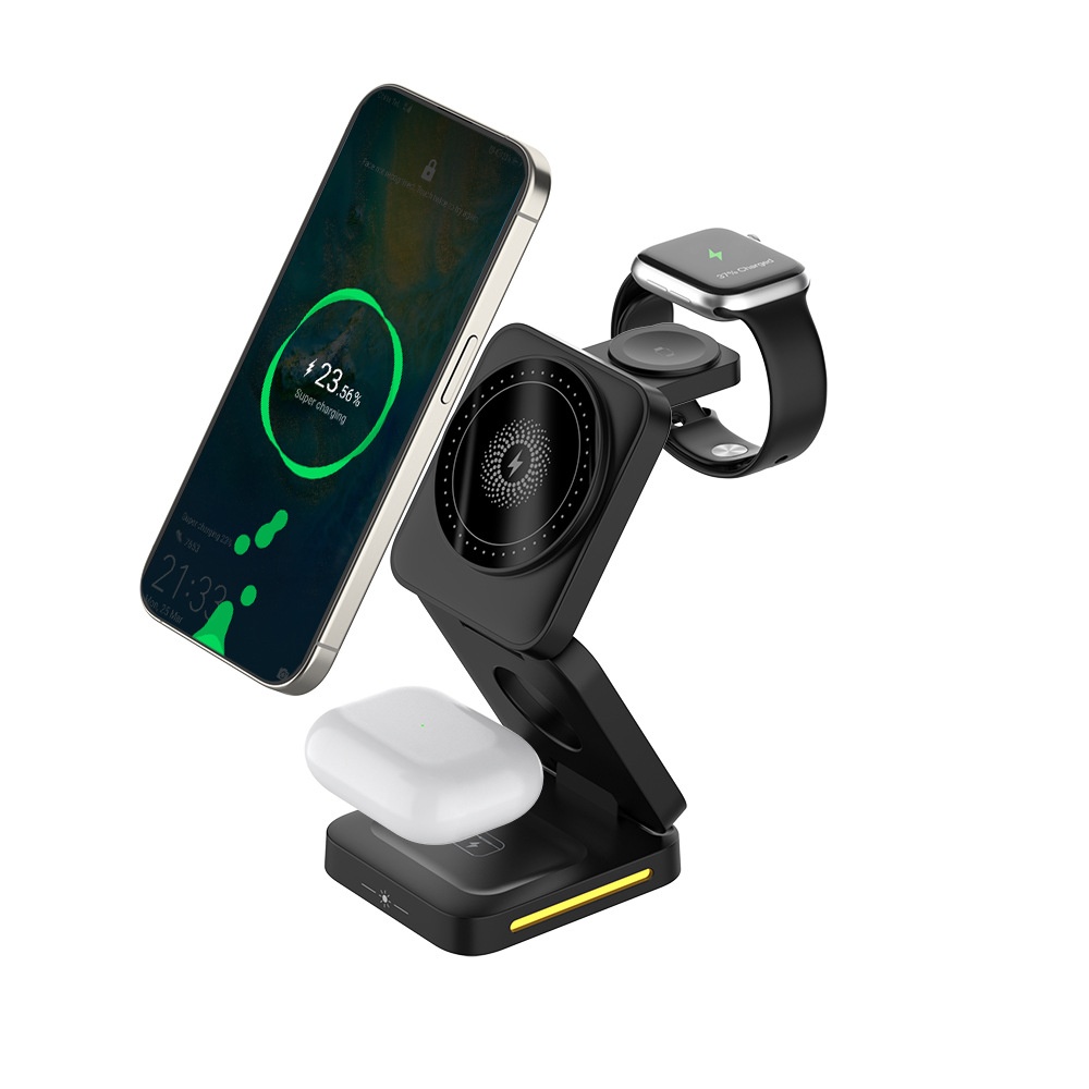 15W 3-in-1 Foldable Magnetic Wireless Charger Stand for Phone, Watch & Earbuds, Compact Fast Charging Station, White/Black