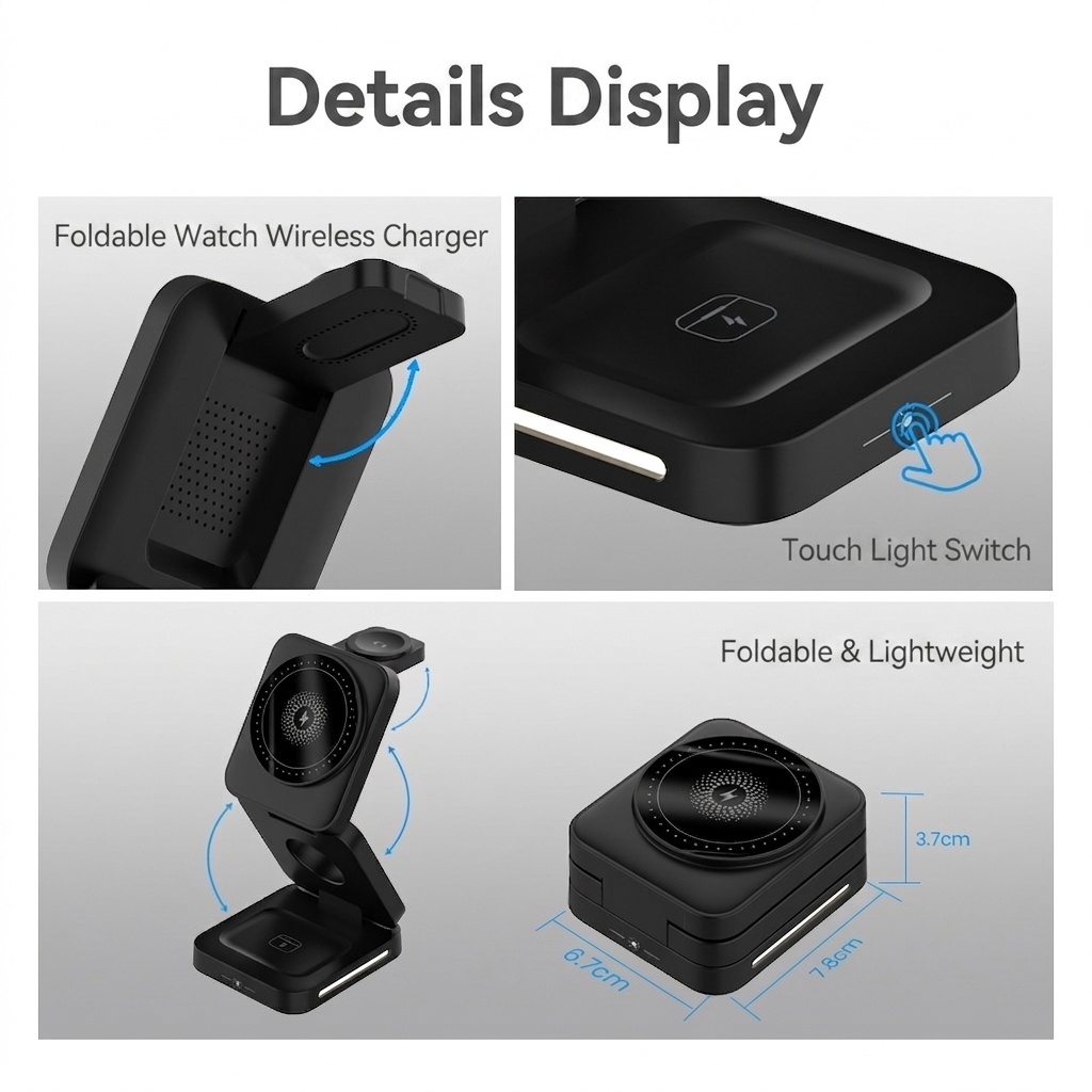 15W 3-in-1 Foldable Magnetic Wireless Charger Stand for Phone, Watch & Earbuds, Compact Fast Charging Station, White/Black