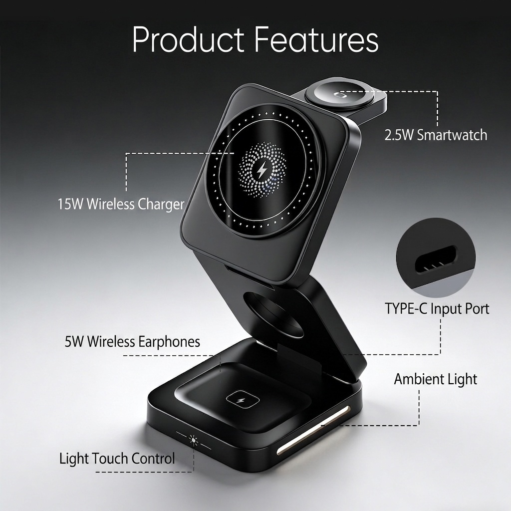 15W 3-in-1 Foldable Magnetic Wireless Charger Stand for Phone, Watch & Earbuds, Compact Fast Charging Station, White/Black