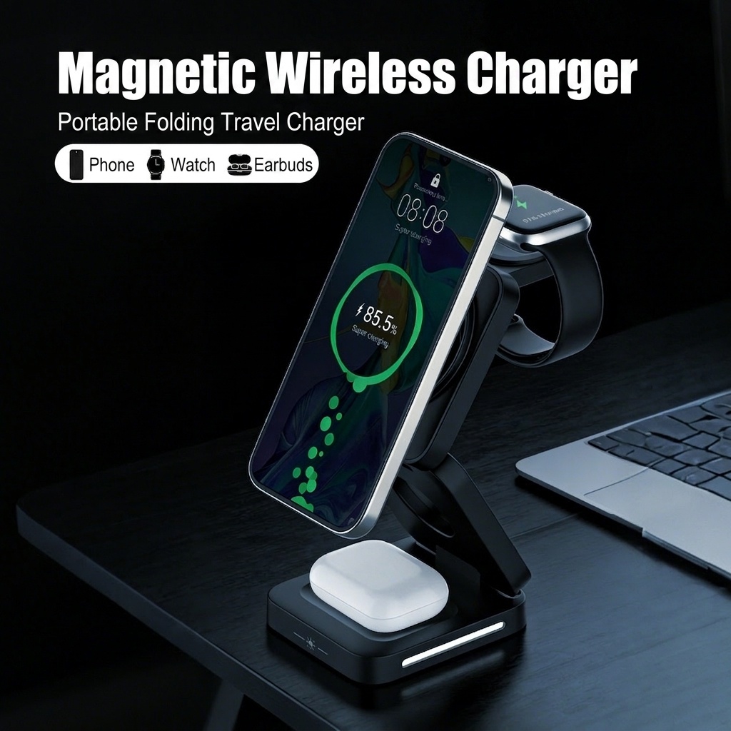 15W 3-in-1 Foldable Magnetic Wireless Charger Stand for Phone, Watch & Earbuds, Compact Fast Charging Station, White/Black