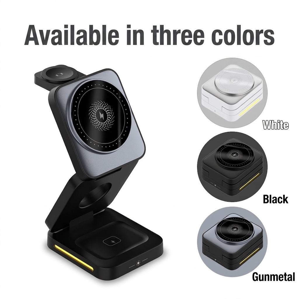15W 3-in-1 Foldable Magnetic Wireless Charger Stand for Phone, Watch & Earbuds, Compact Fast Charging Station, White/Black