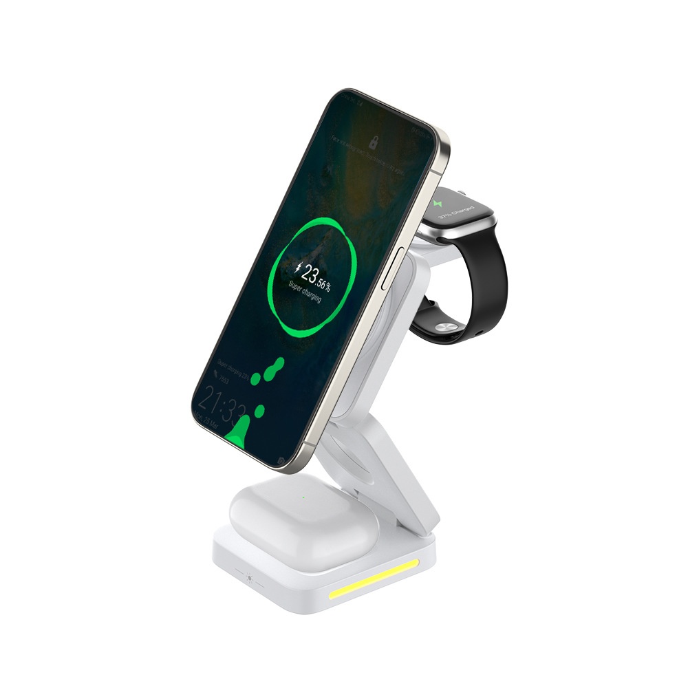 15W 3-in-1 Foldable Magnetic Wireless Charger Stand for Phone, Watch & Earbuds, Compact Fast Charging Station, White/Black