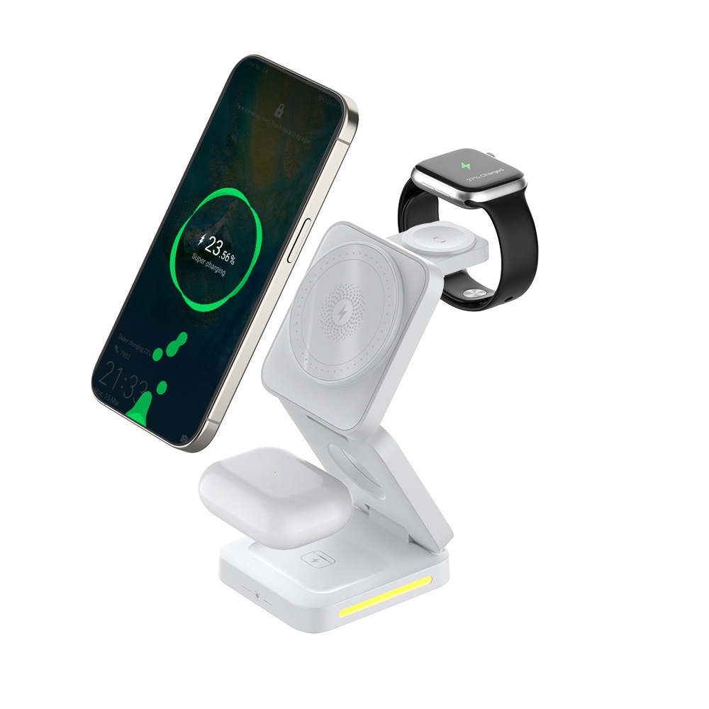 15W 3-in-1 Foldable Magnetic Wireless Charger Stand for Phone, Watch & Earbuds, Compact Fast Charging Station, White/Black