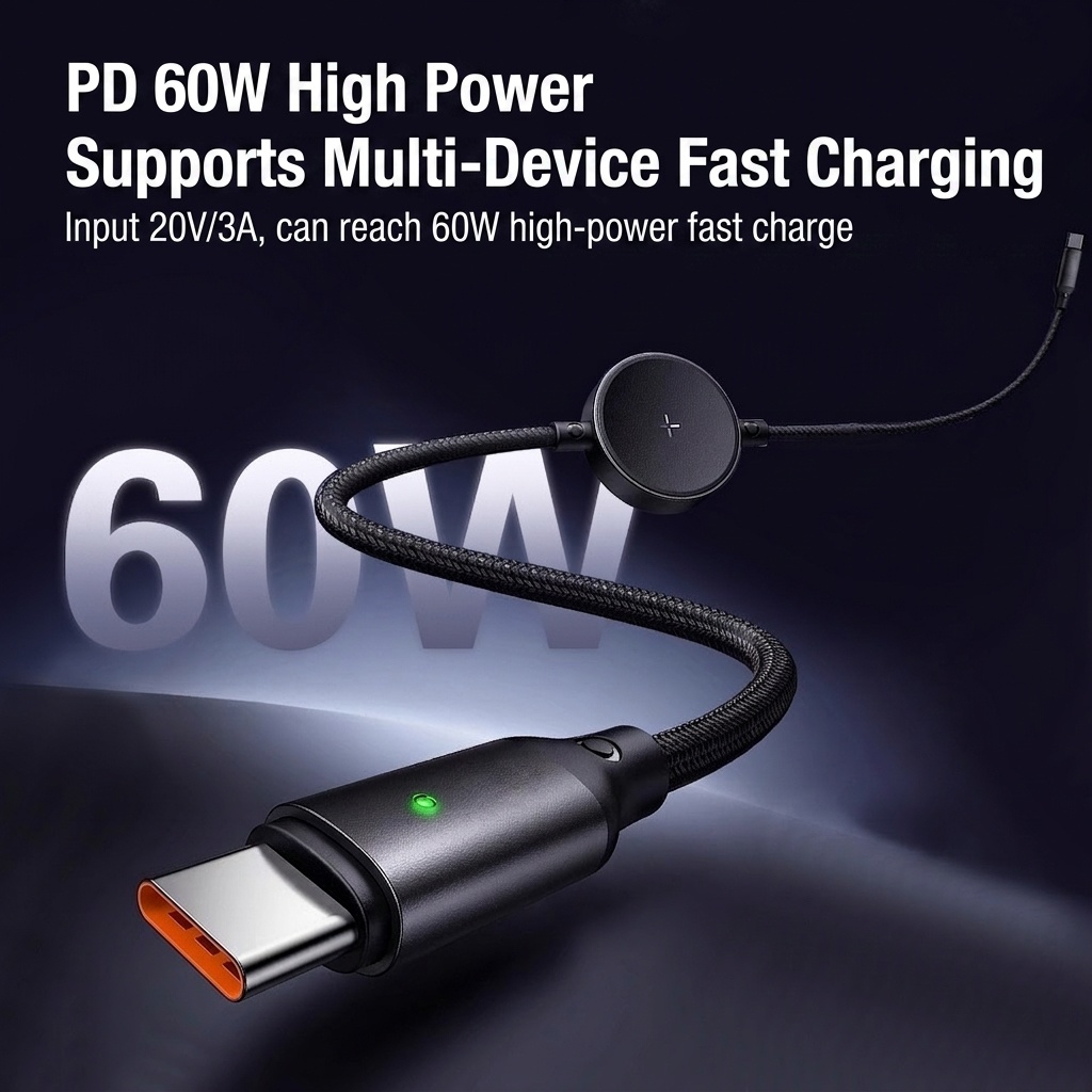 Magnetic Wireless Watch Charger & 60W USB-C Fast Charge Cable, 2-in-1 Braided Nylon Cord, White