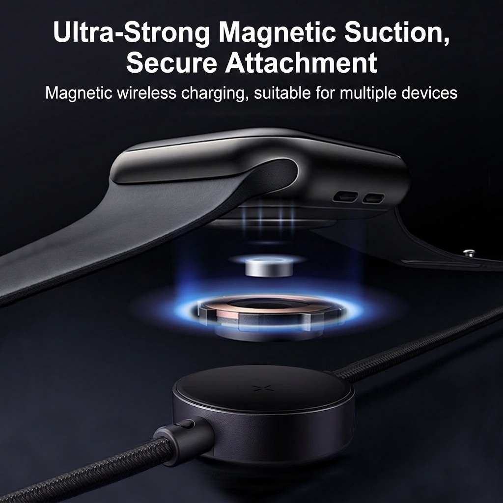 Magnetic Wireless Watch Charger & 60W USB-C Fast Charge Cable, 2-in-1 Braided Nylon Cord, White