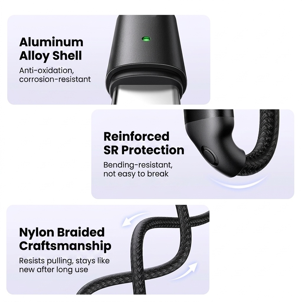 Magnetic Wireless Watch Charger & 60W USB-C Fast Charge Cable, 2-in-1 Braided Nylon Cord, White