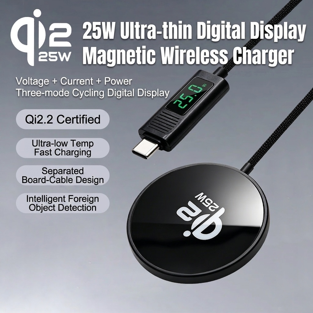 25W Magnetic Wireless Charger with Digital Display, Ultra-Thin Fast Charging Pad, Qi2.2 Certified, Black