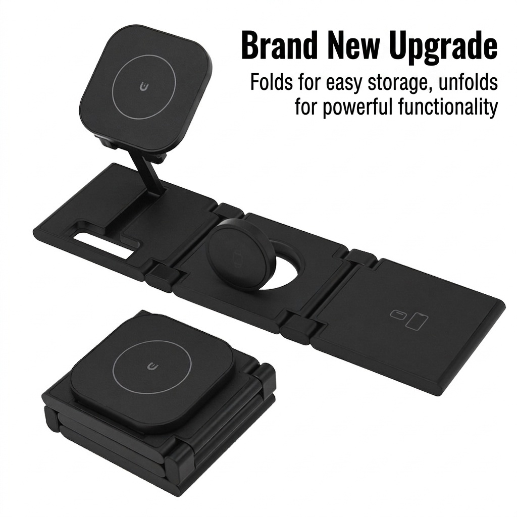 3-in-1 Foldable Wireless Charger for iPhone, Watch & AirPods, 15W Fast Charging Station, PU Leather, White