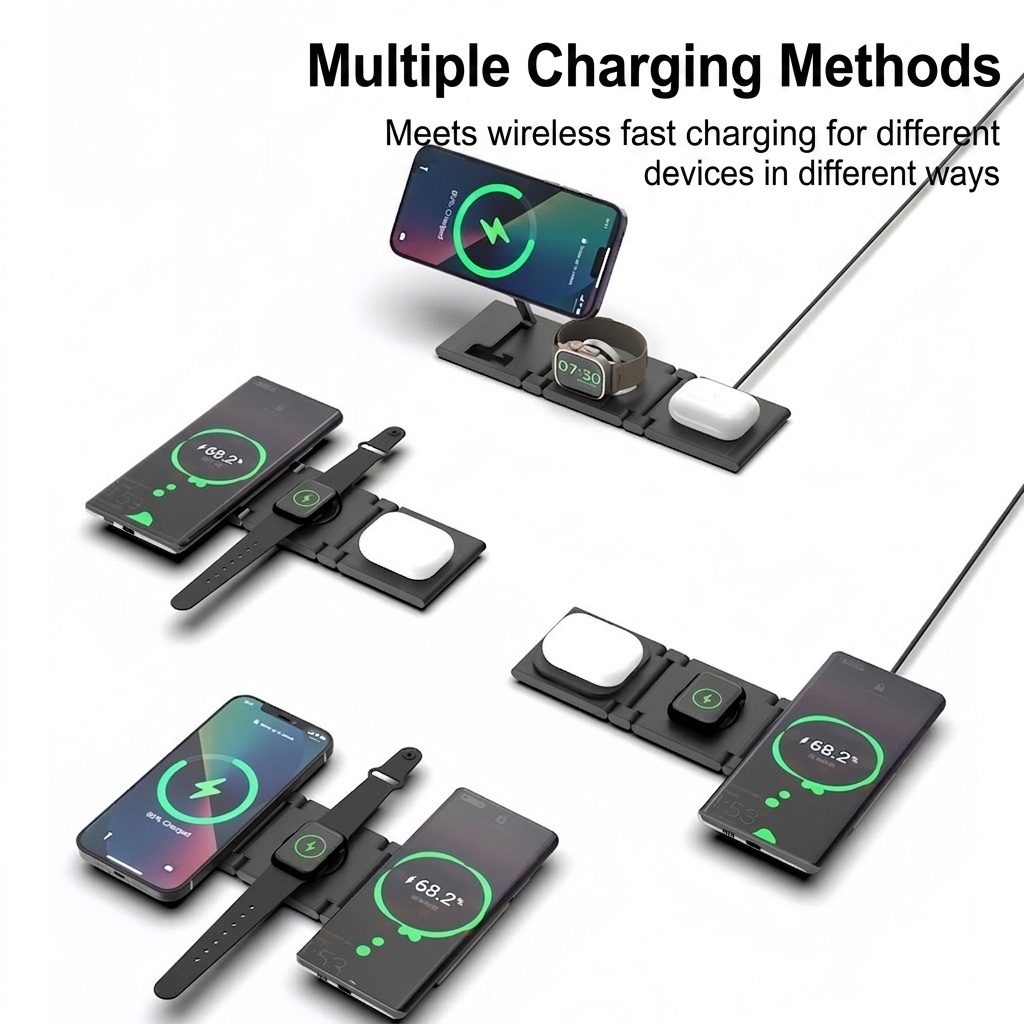 3-in-1 Foldable Wireless Charger for iPhone, Watch & AirPods, 15W Fast Charging Station, PU Leather, White