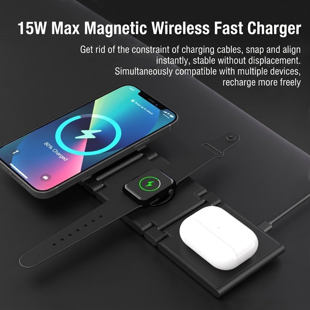 3-in-1 Foldable Wireless Charger for iPhone, Watch & AirPods, 15W Fast Charging Station, PU Leather, White