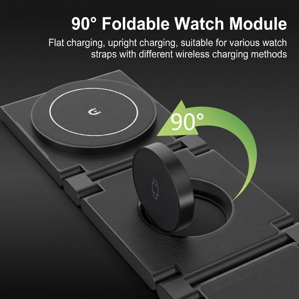 3-in-1 Foldable Wireless Charger for iPhone, Watch & AirPods, 15W Fast Charging Station, PU Leather, White