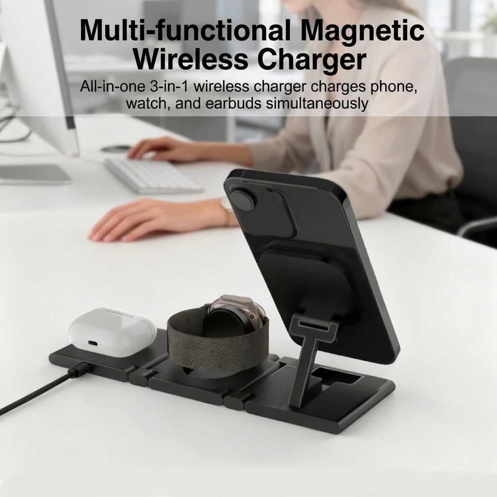 3-in-1 Foldable Wireless Charger for iPhone, Watch & AirPods, 15W Fast Charging Station, PU Leather, White