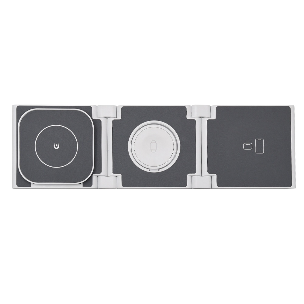 3-in-1 Foldable Wireless Charger for iPhone, Watch & AirPods, 15W Fast Charging Station, PU Leather, White