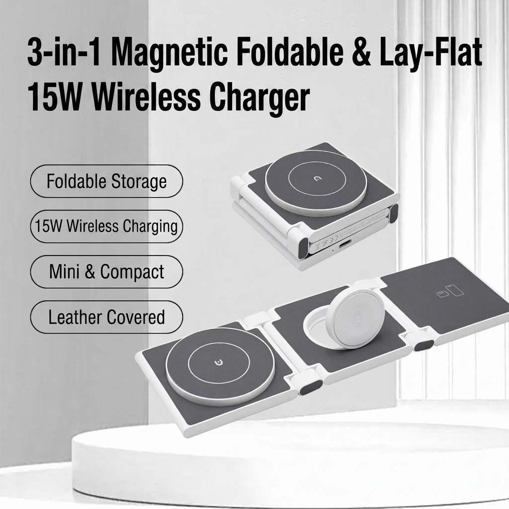 3-in-1 Foldable Wireless Charger for iPhone, Watch & AirPods, 15W Fast Charging Station, PU Leather, White