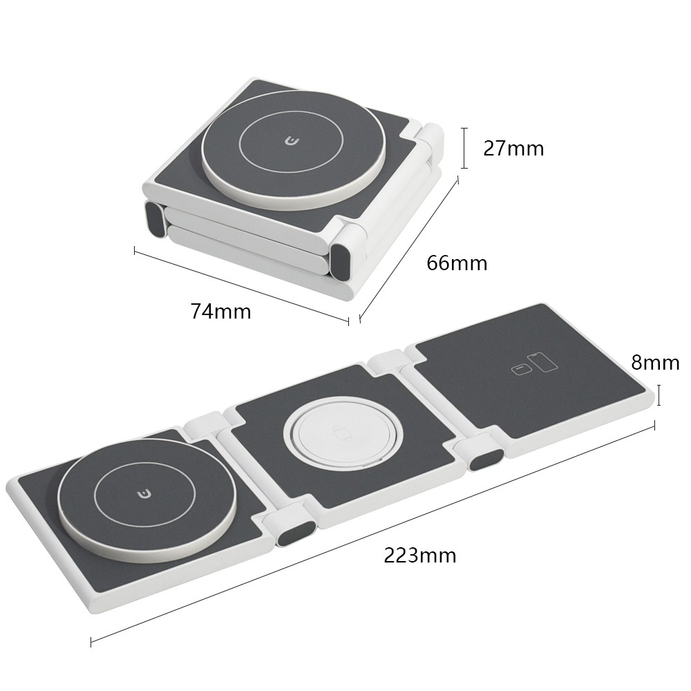 3-in-1 Foldable Wireless Charger for iPhone, Watch & AirPods, 15W Fast Charging Station, PU Leather, White