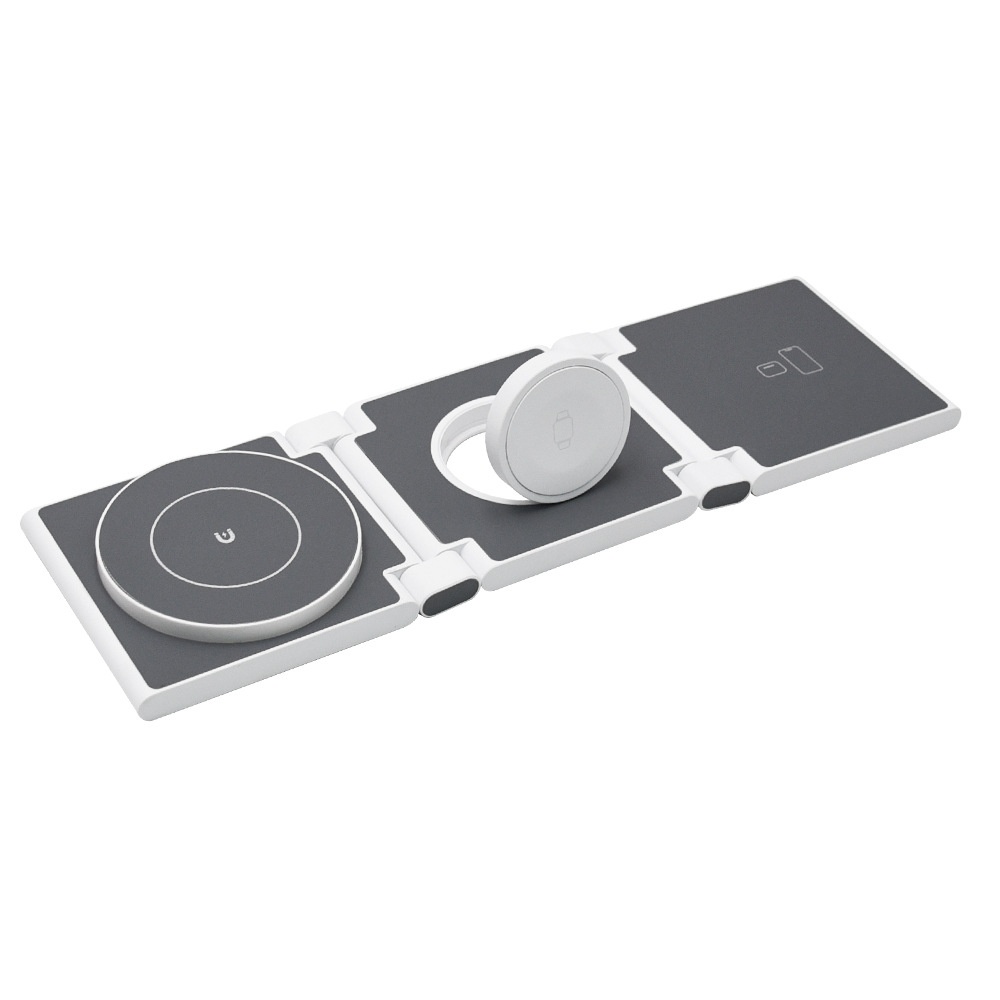 3-in-1 Foldable Wireless Charger for iPhone, Watch & AirPods, 15W Fast Charging Station, PU Leather, White