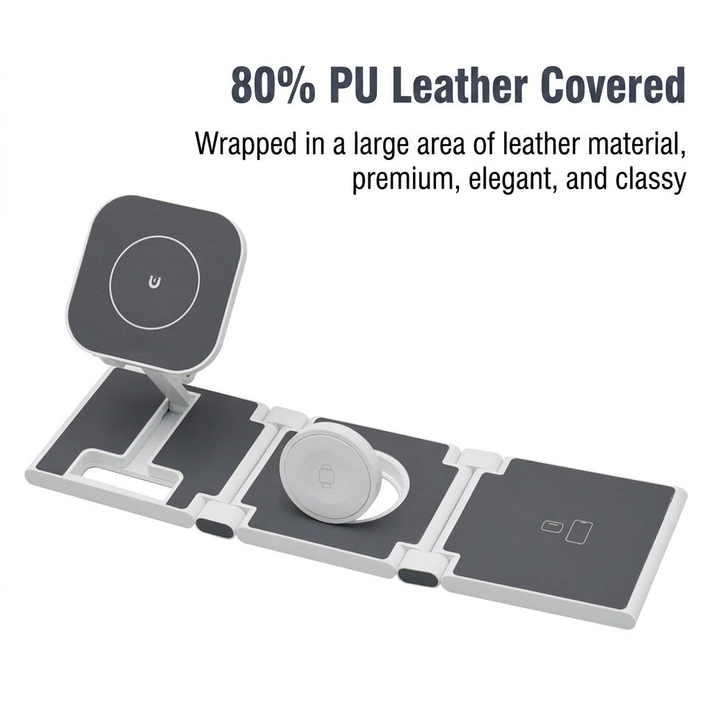 3-in-1 Foldable Wireless Charger for iPhone, Watch & AirPods, 15W Fast Charging Station, PU Leather, White