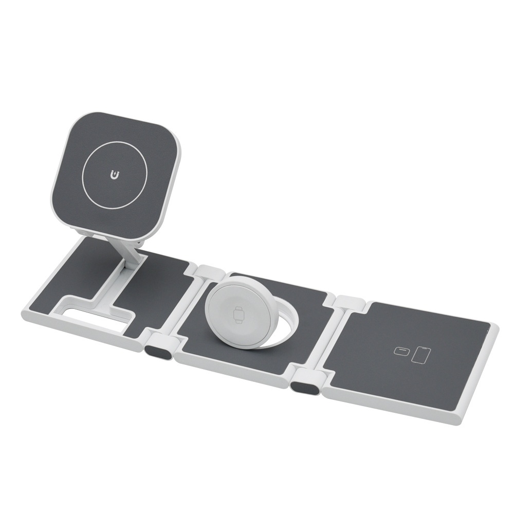 3-in-1 Foldable Wireless Charger for iPhone, Watch & AirPods, 15W Fast Charging Station, PU Leather, White